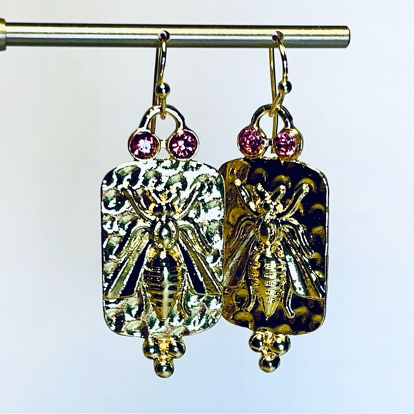 Gold Bee Pink Rhinestone Earrings | Gold Bee Earrings Anthro Vibes 🐝 FreeW/35 - Picture 5 of 13